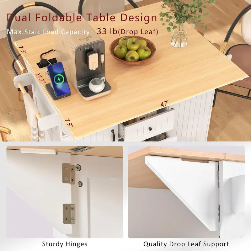 55.7" rollbare Kücheninsel mit 2 ausklappbaren Platten, Steckdose und 3 Schubladen
