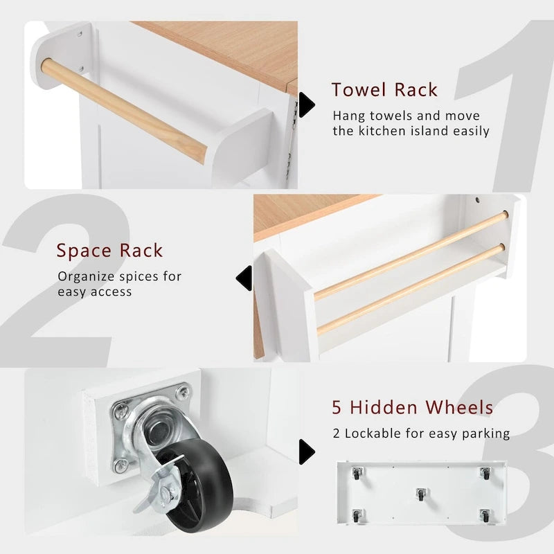 55.7" rollbare Kücheninsel mit 2 ausklappbaren Platten, Steckdose und 3 Schubladen