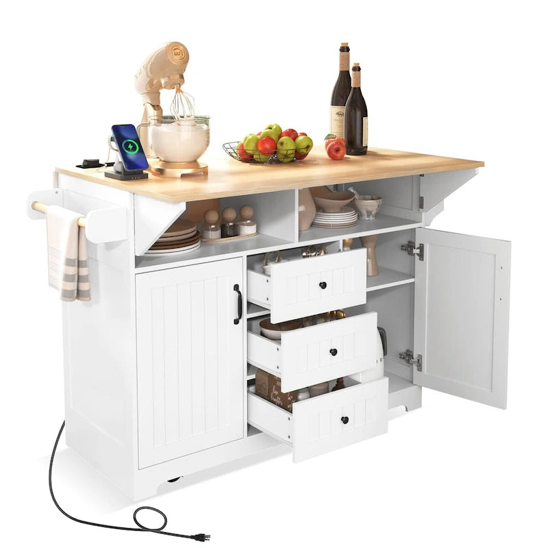 55.7" rollbare Kücheninsel mit 2 ausklappbaren Platten, Steckdose und 3 Schubladen