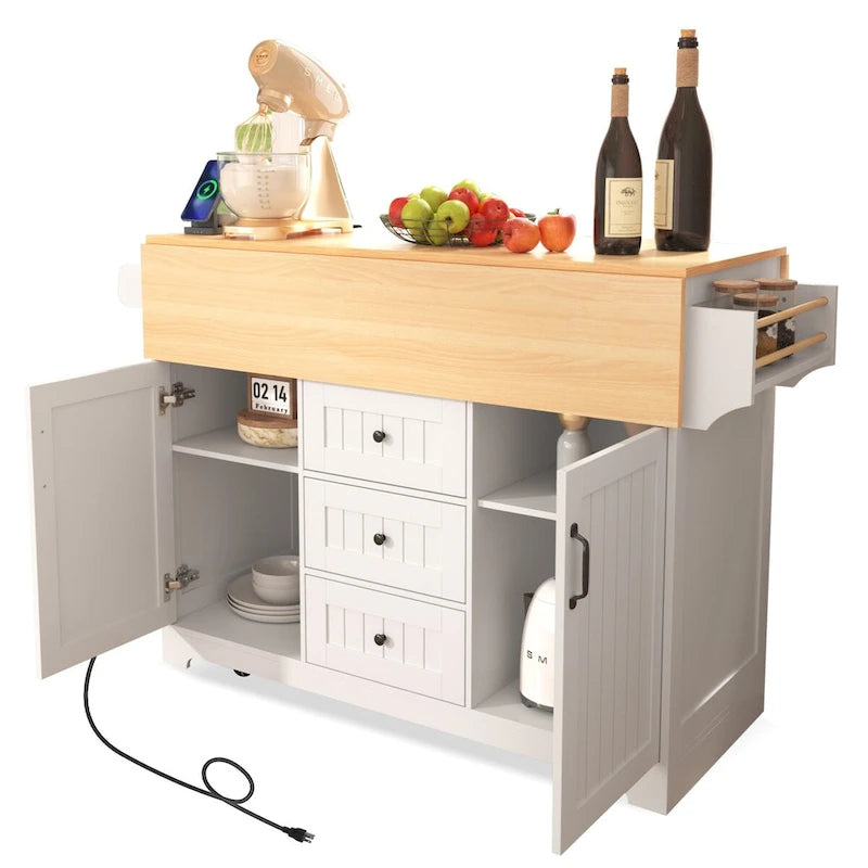 55.7" rollbare Kücheninsel mit 2 ausklappbaren Platten, Steckdose und 3 Schubladen