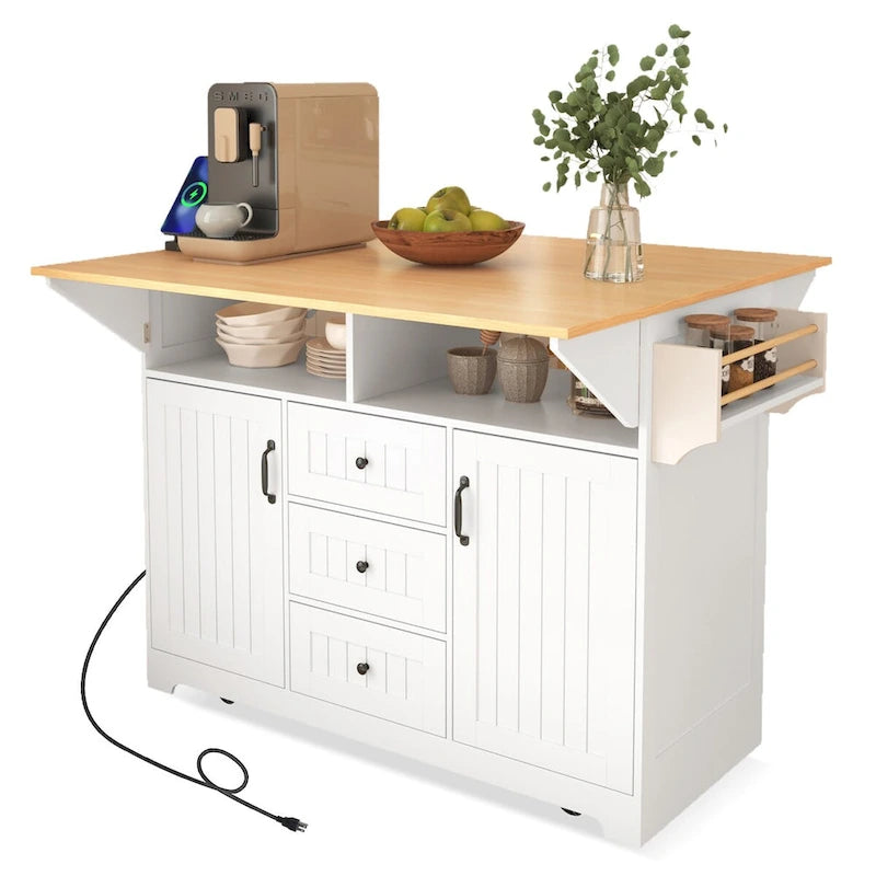55.7" rollbare Kücheninsel mit 2 ausklappbaren Platten, Steckdose und 3 Schubladen