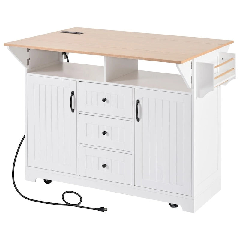 55.7" rollbare Kücheninsel mit 2 ausklappbaren Platten, Steckdose und 3 Schubladen