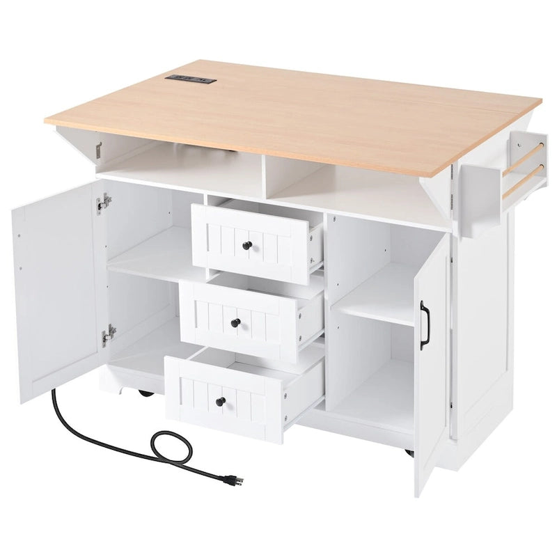 55.7" rollbare Kücheninsel mit 2 ausklappbaren Platten, Steckdose und 3 Schubladen
