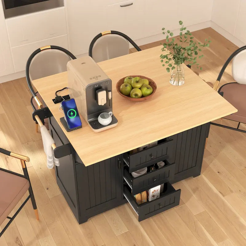 55.7" rollbare Kücheninsel mit 2 ausklappbaren Platten, Steckdose und 3 Schubladen