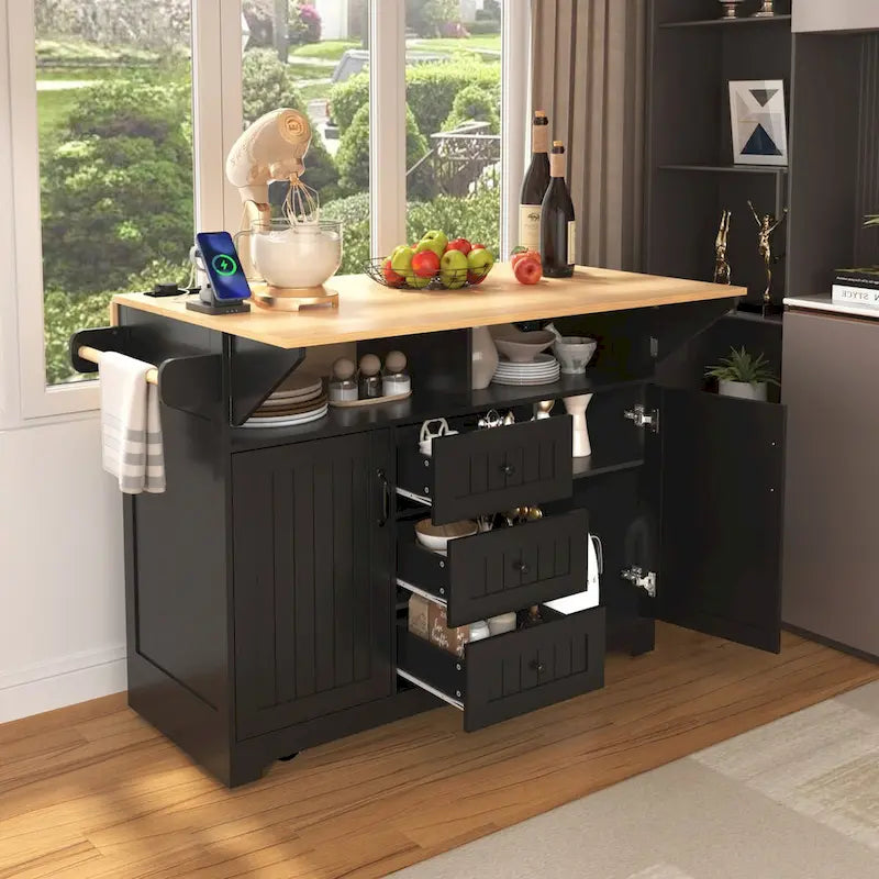 55.7" rollbare Kücheninsel mit 2 ausklappbaren Platten, Steckdose und 3 Schubladen