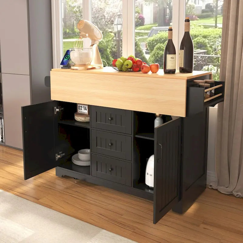 55.7" rollbare Kücheninsel mit 2 ausklappbaren Platten, Steckdose und 3 Schubladen