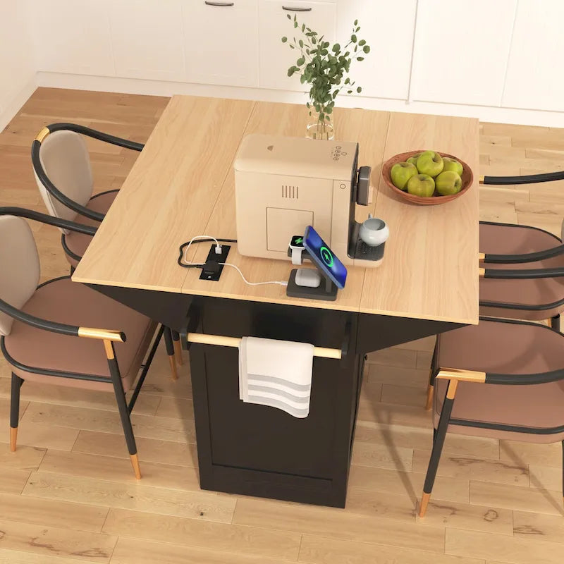 55.7" rollbare Kücheninsel mit 2 ausklappbaren Platten, Steckdose und 3 Schubladen