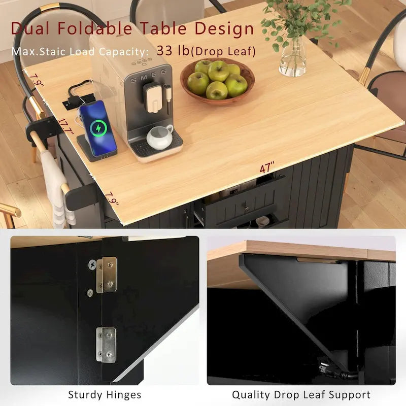 55.7" rollbare Kücheninsel mit 2 ausklappbaren Platten, Steckdose und 3 Schubladen