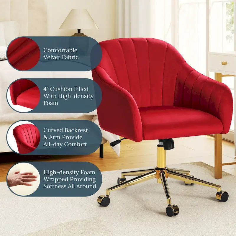 Velvet Tufted Swivel Vanity Chair, Adjustable Height, Gold Base