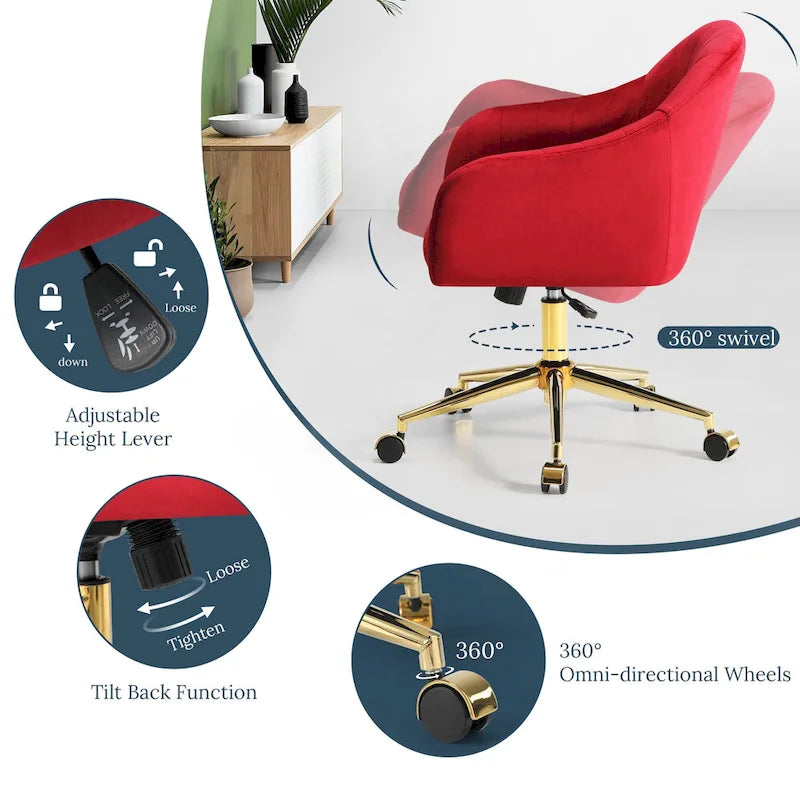 Velvet Tufted Swivel Vanity Chair, Adjustable Height, Gold Base
