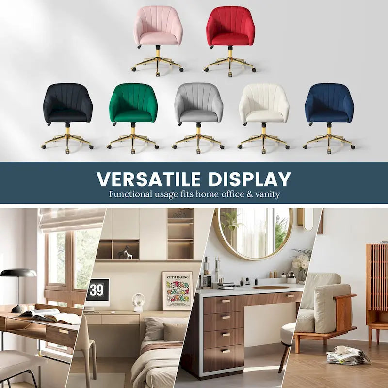 Velvet Tufted Swivel Vanity Chair, Adjustable Height, Gold Base