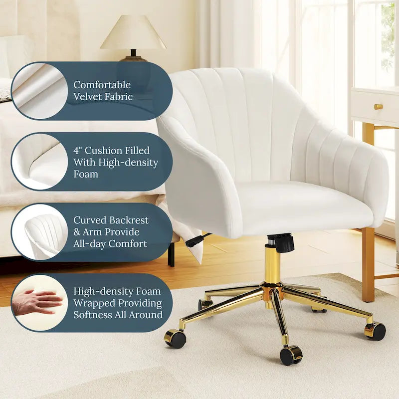 Velvet Tufted Swivel Vanity Chair, Adjustable Height, Gold Base