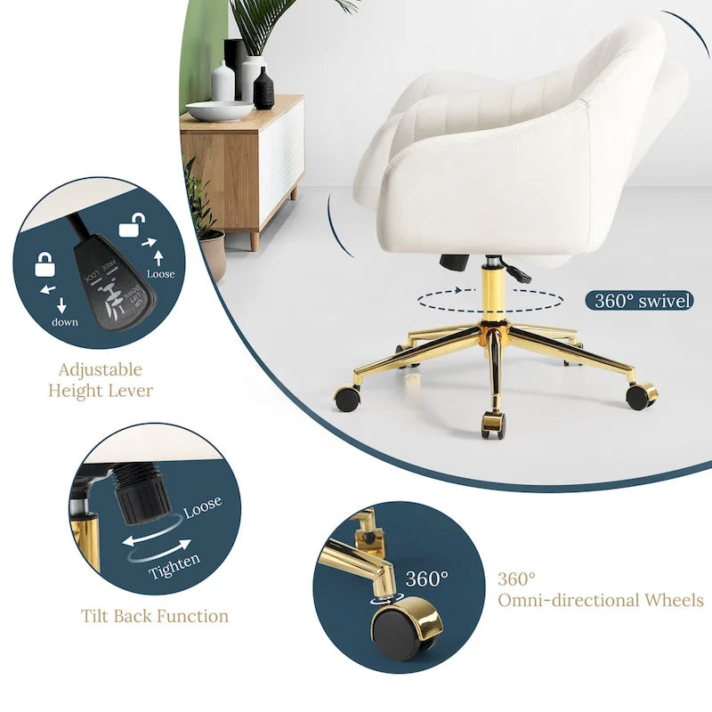 Velvet Tufted Swivel Vanity Chair, Adjustable Height, Gold Base