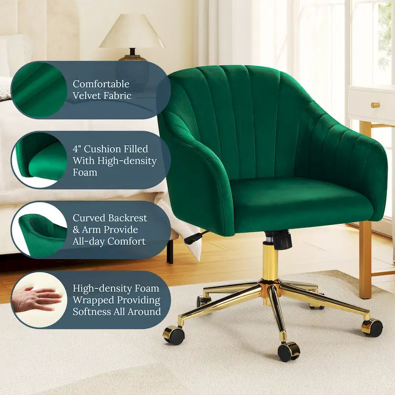Velvet Tufted Swivel Vanity Chair, Adjustable Height, Gold Base