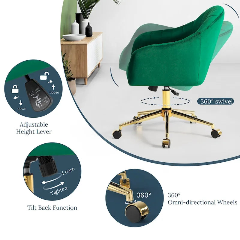 Velvet Tufted Swivel Vanity Chair, Adjustable Height, Gold Base