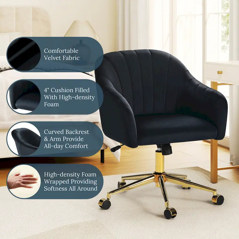 Velvet Tufted Swivel Vanity Chair, Adjustable Height, Gold Base