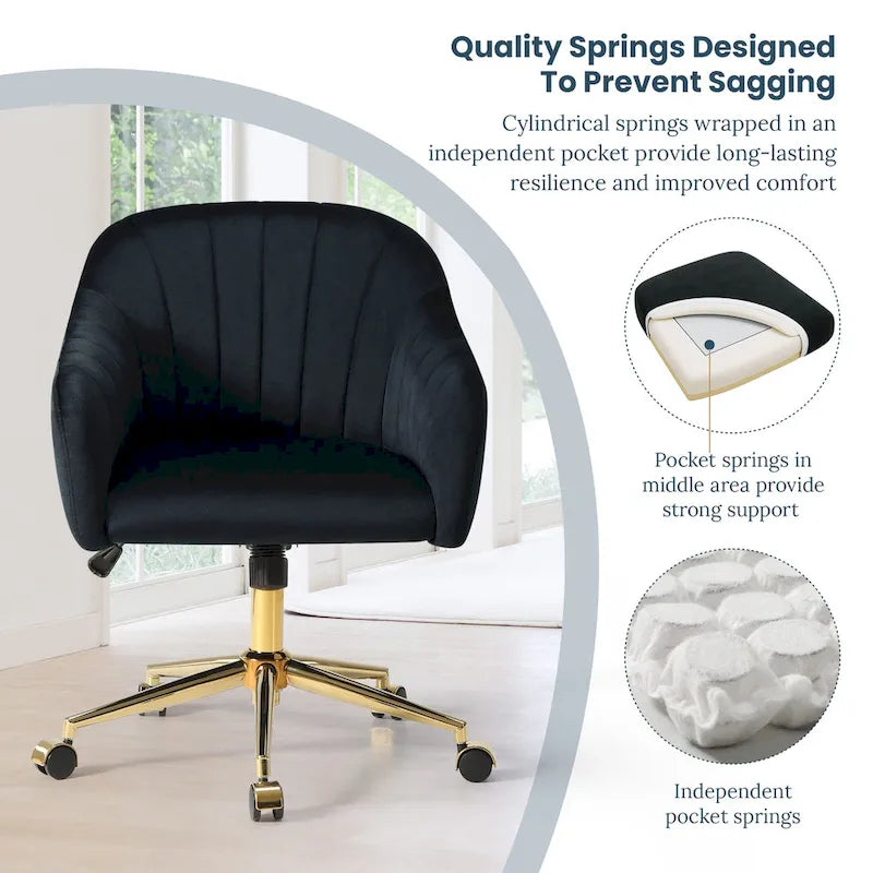 Velvet Tufted Swivel Vanity Chair, Adjustable Height, Gold Base