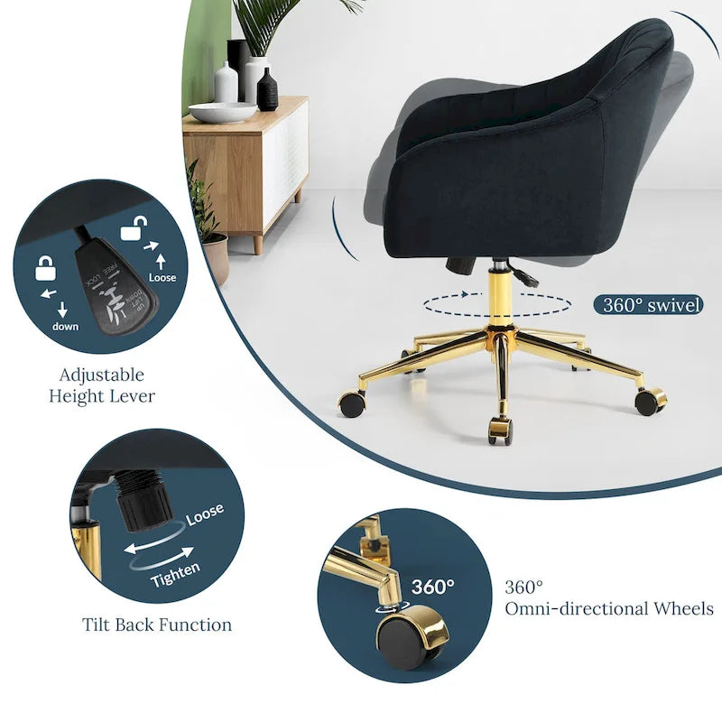 Velvet Tufted Swivel Vanity Chair, Adjustable Height, Gold Base