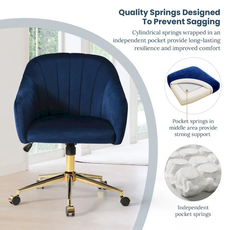 Velvet Tufted Swivel Vanity Chair, Adjustable Height, Gold Base
