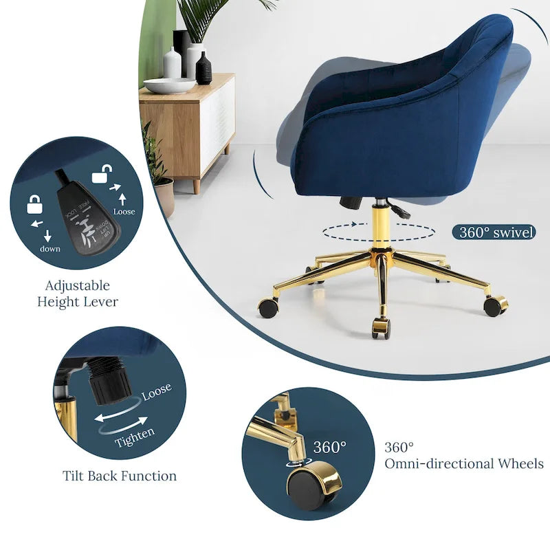Velvet Tufted Swivel Vanity Chair, Adjustable Height, Gold Base