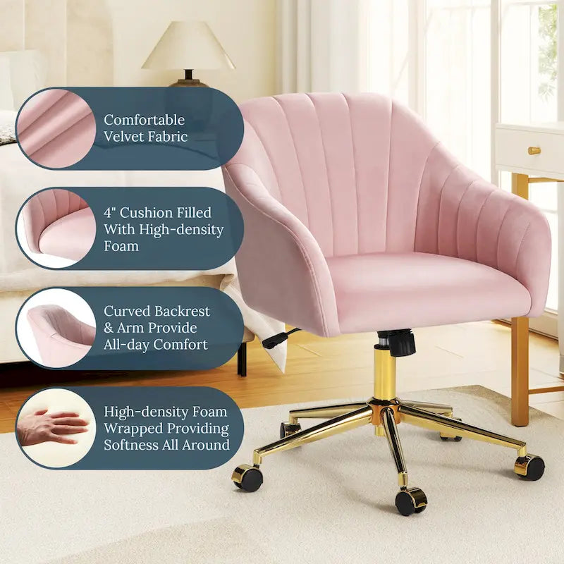 Velvet Tufted Swivel Vanity Chair, Adjustable Height, Gold Base