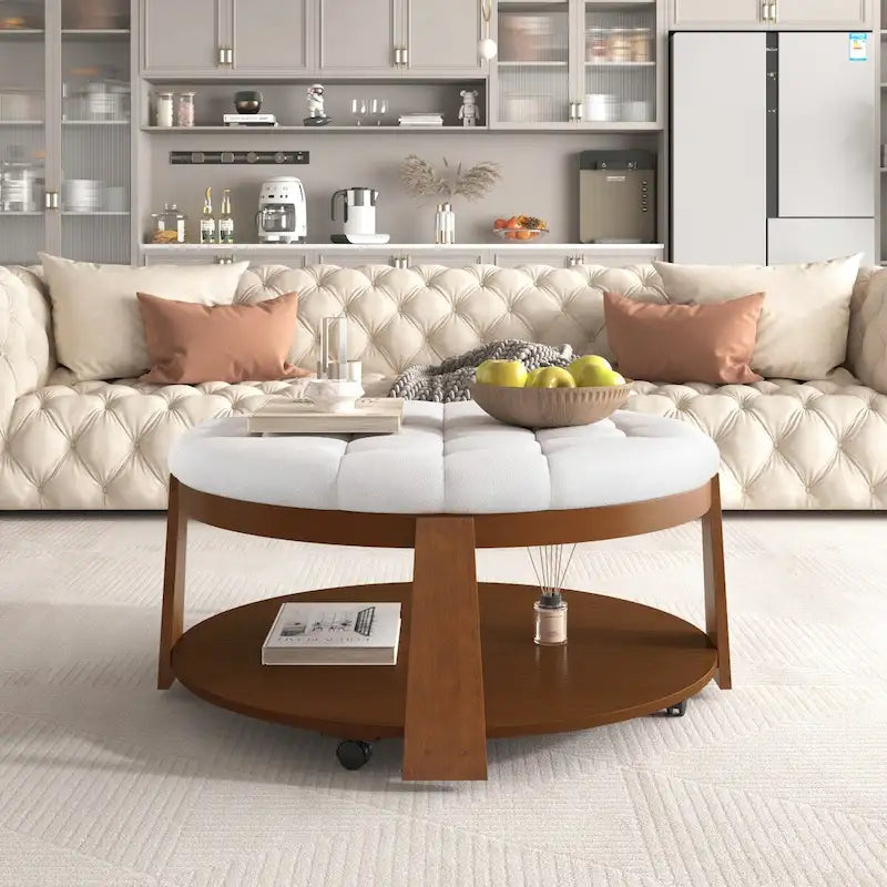 Large Round Button-Tufted Ottoman Coffee Table with Wood Shelf and Wheels