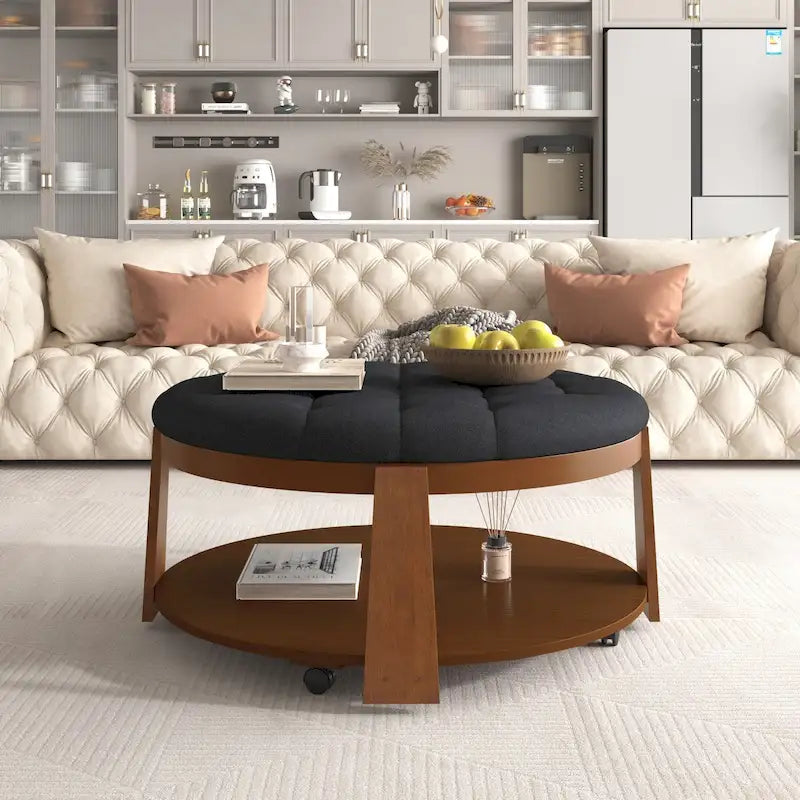 Large Round Button-Tufted Ottoman Coffee Table with Wood Shelf and Wheels