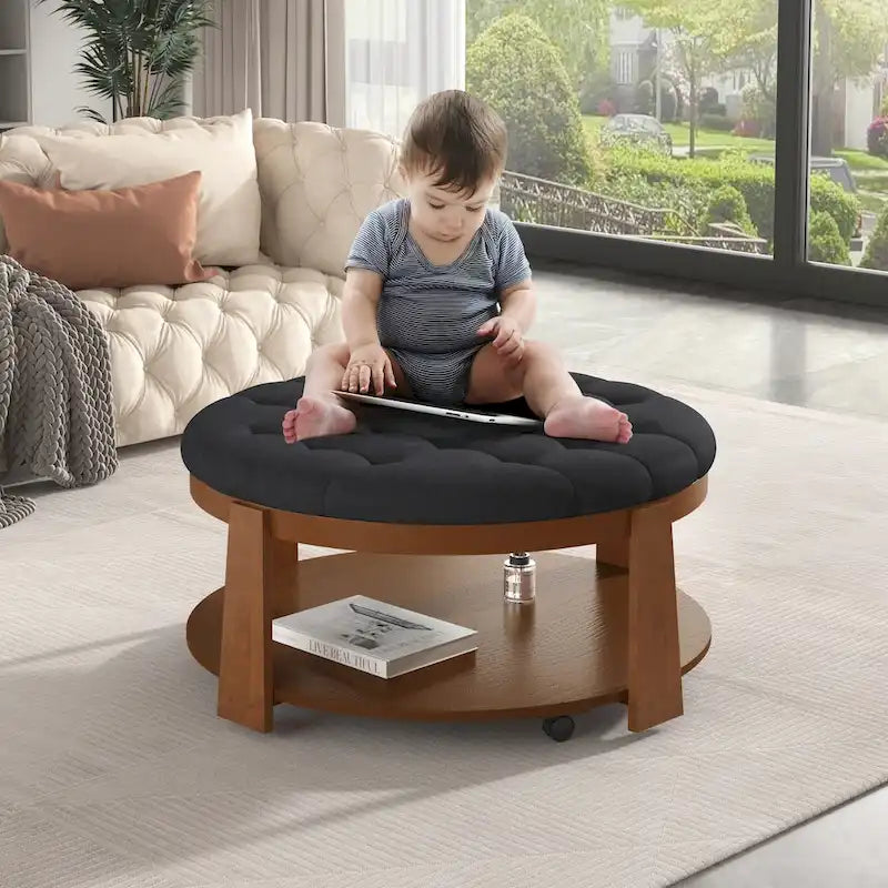 Large Round Button-Tufted Ottoman Coffee Table with Wood Shelf and Wheels