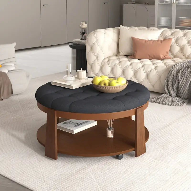 Large Round Button-Tufted Ottoman Coffee Table with Wood Shelf and Wheels