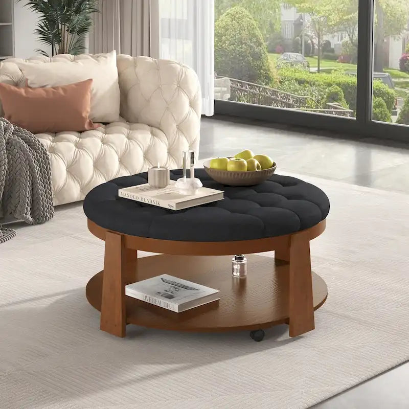 Large Round Button-Tufted Ottoman Coffee Table with Wood Shelf and Wheels