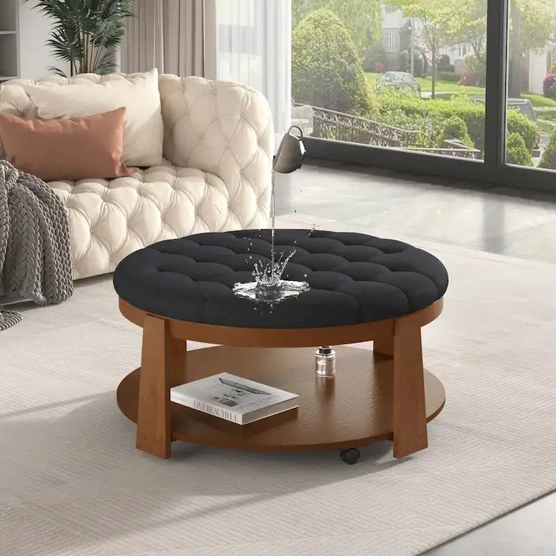 Large Round Button-Tufted Ottoman Coffee Table with Wood Shelf and Wheels