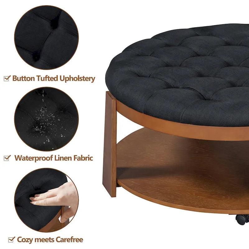 Large Round Button-Tufted Ottoman Coffee Table with Wood Shelf and Wheels