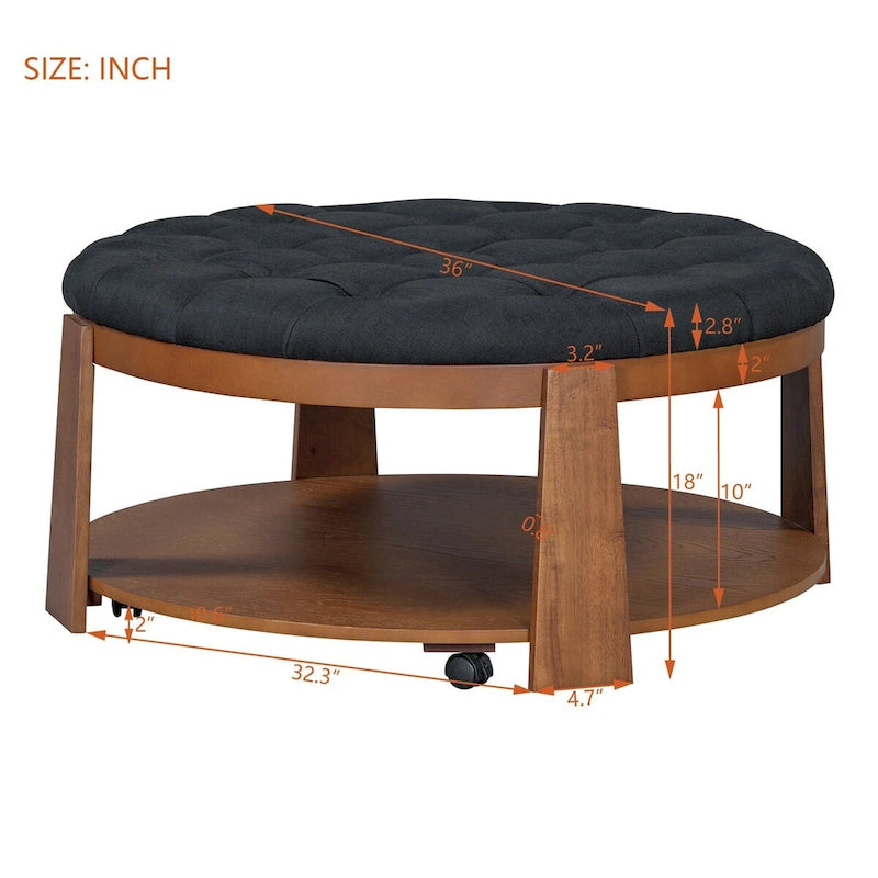 Large Round Button-Tufted Ottoman Coffee Table with Wood Shelf and Wheels