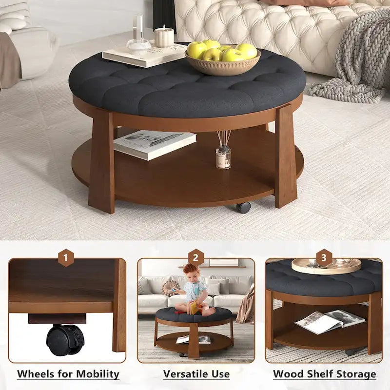 Large Round Button-Tufted Ottoman Coffee Table with Wood Shelf and Wheels