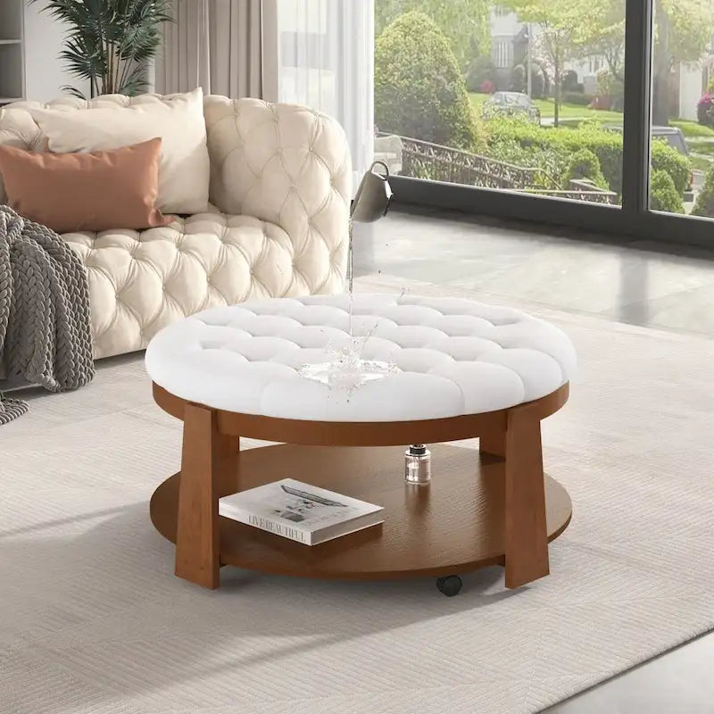 Large Round Button-Tufted Ottoman Coffee Table with Wood Shelf and Wheels
