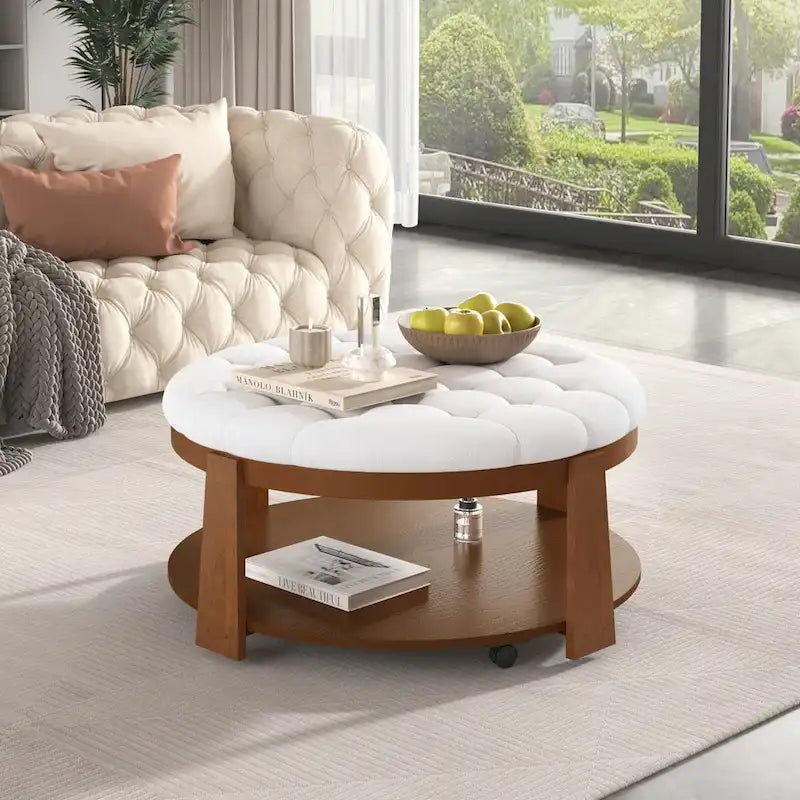 Large Round Button-Tufted Ottoman Coffee Table with Wood Shelf and Wheels