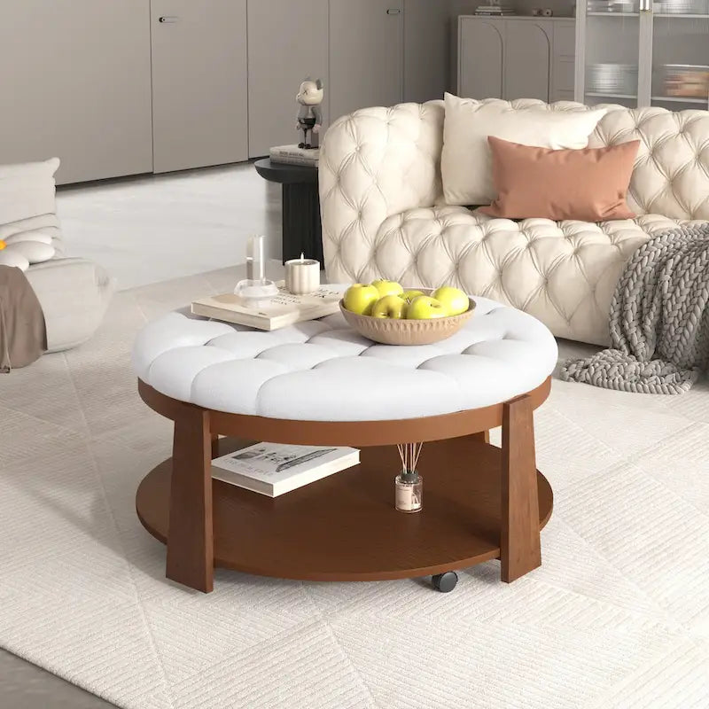 Large Round Button-Tufted Ottoman Coffee Table with Wood Shelf and Wheels