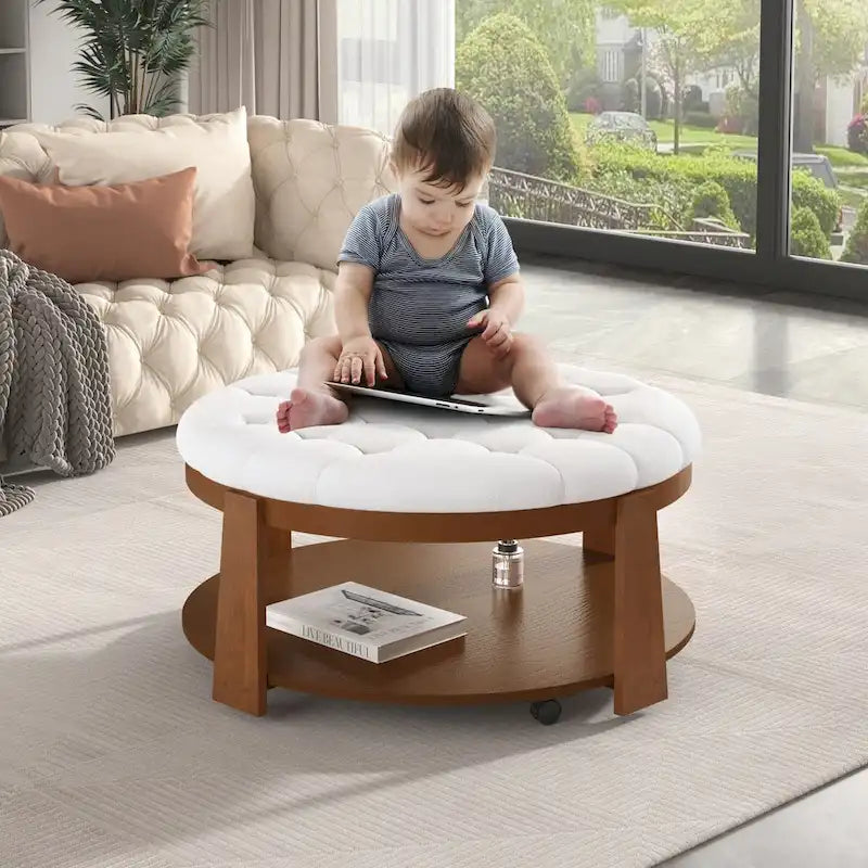 Large Round Button-Tufted Ottoman Coffee Table with Wood Shelf and Wheels