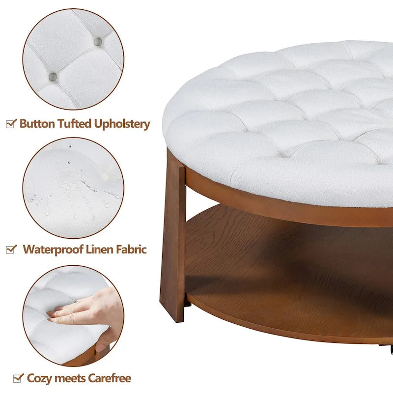 Large Round Button-Tufted Ottoman Coffee Table with Wood Shelf and Wheels