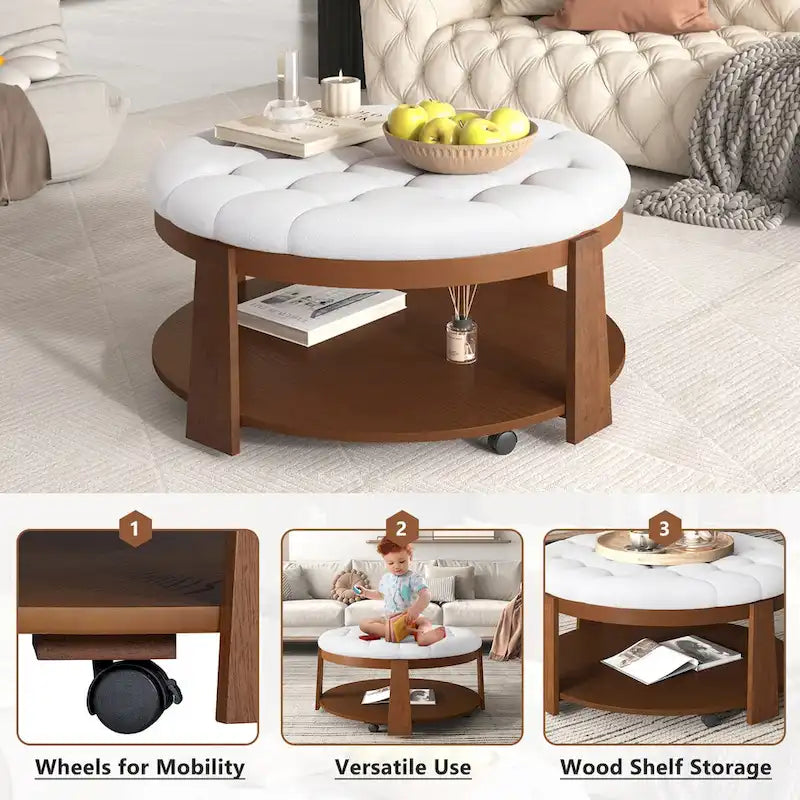 Large Round Button-Tufted Ottoman Coffee Table with Wood Shelf and Wheels