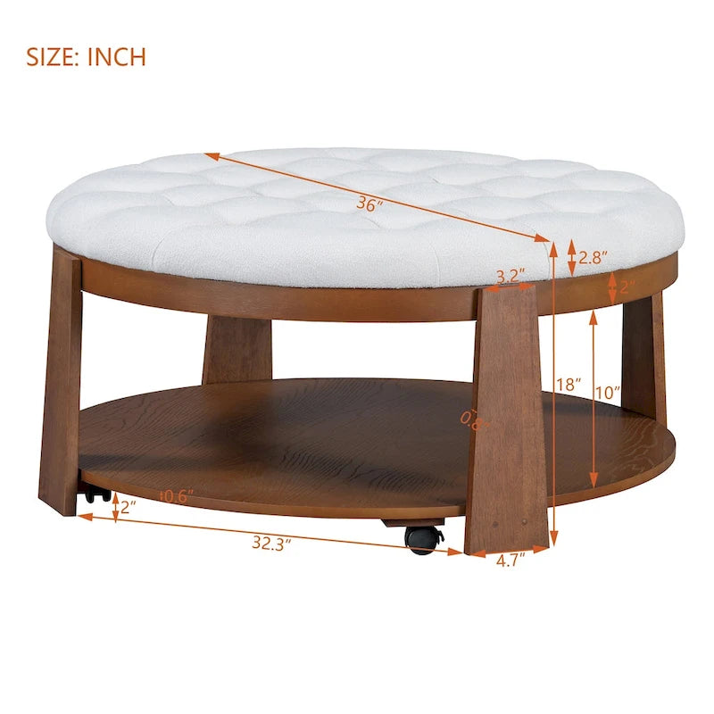 Large Round Button-Tufted Ottoman Coffee Table with Wood Shelf and Wheels